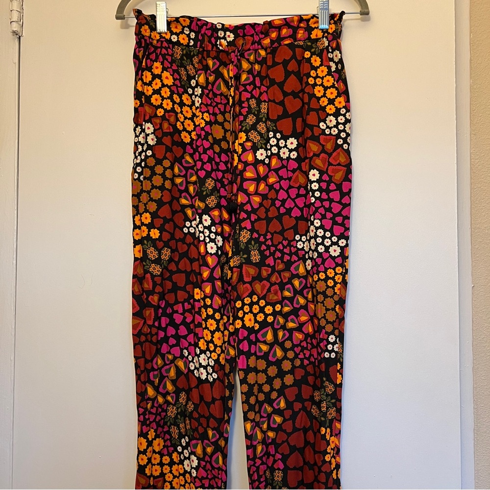 FARM Rio Black Floral Patterned Ankle Pants with Pink & Orange Accents